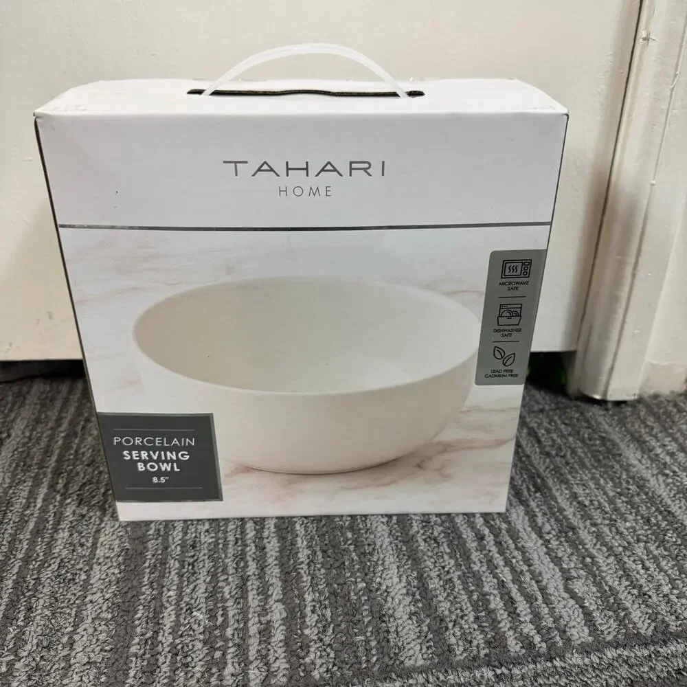 Tahari Home Porcelain Serving Bowl – 8.5” White Round Bowl – Microwave safe